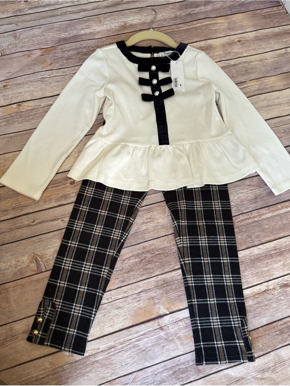 Janie and Jack Cream Top with Black Velvet Bows and Pearl Accents
